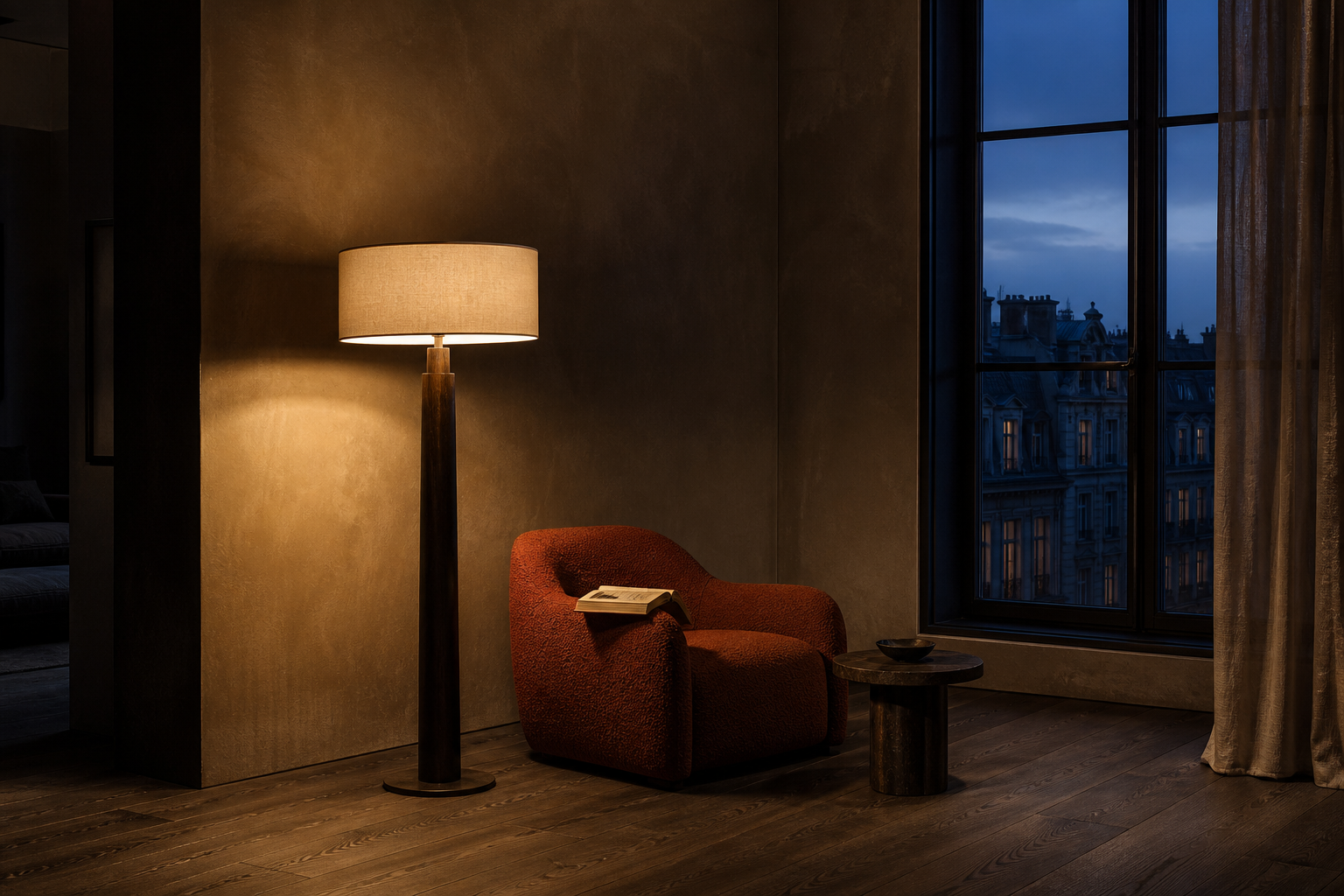 Sculptural floor lamp casting a warm pool of light onto a single lounge chair and open book in a moody tadelakt reading nook