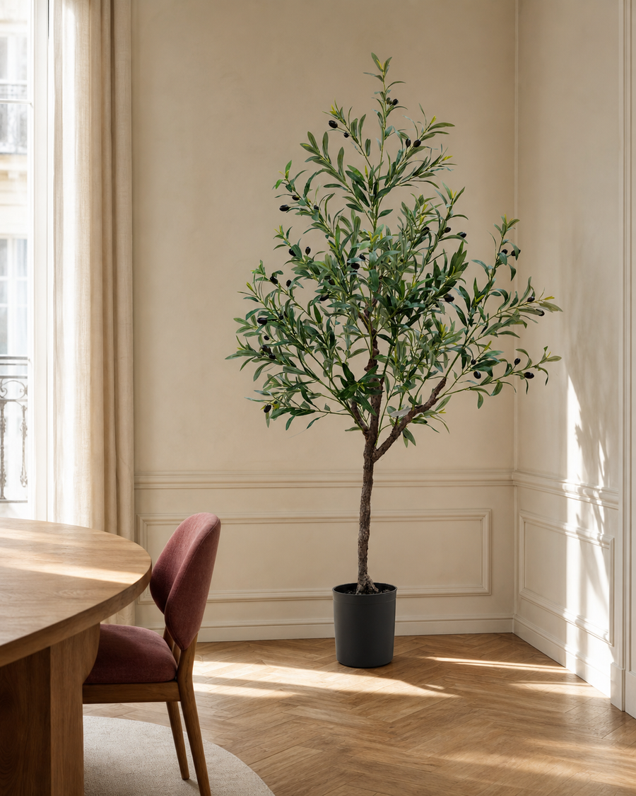 Arezzo Artificial Olive Tree, styled in a warm contemporary interior
