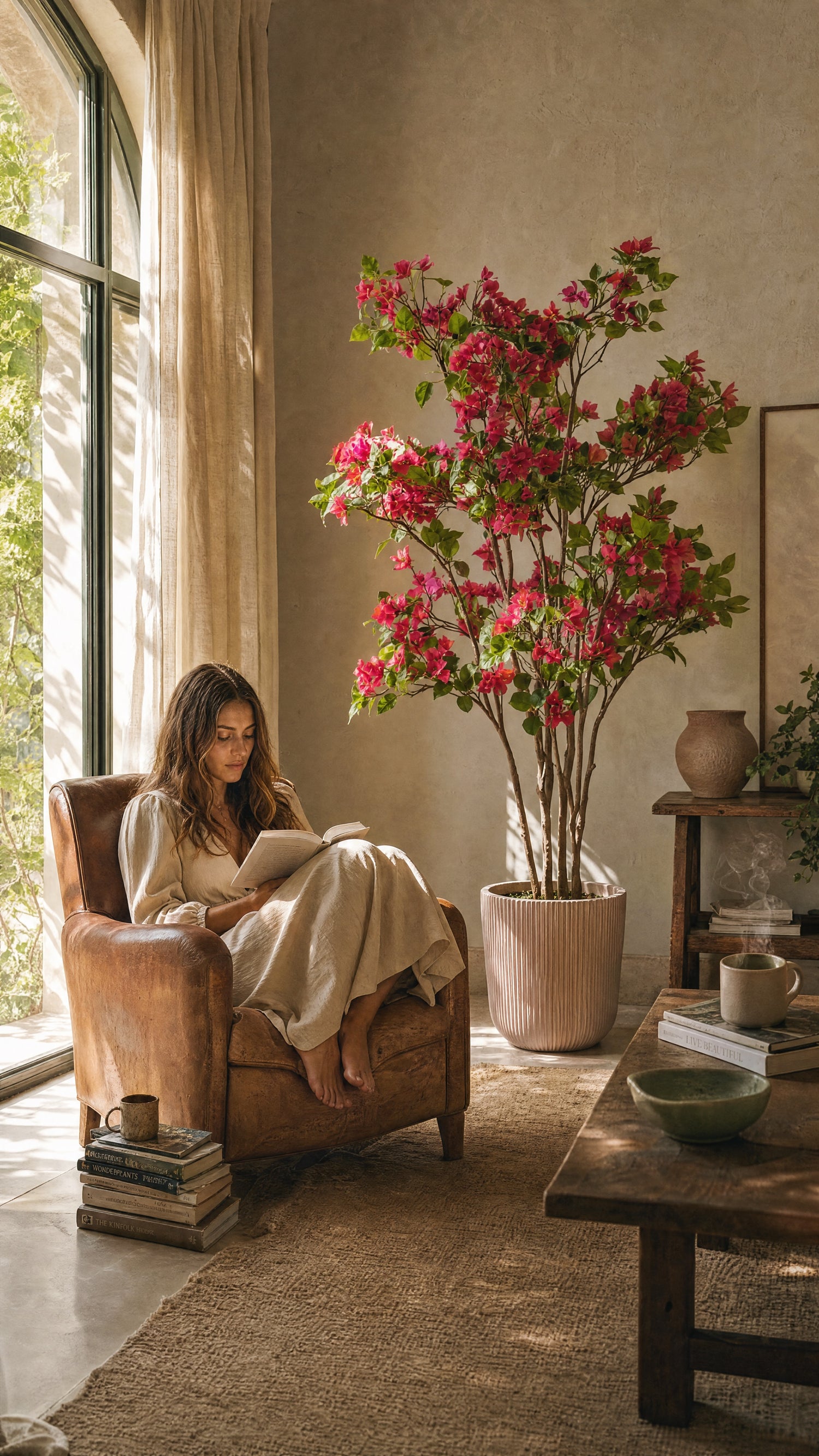 Bougainvillier artificiel Maison Moya dans son cache-pot signature, lumière du matin