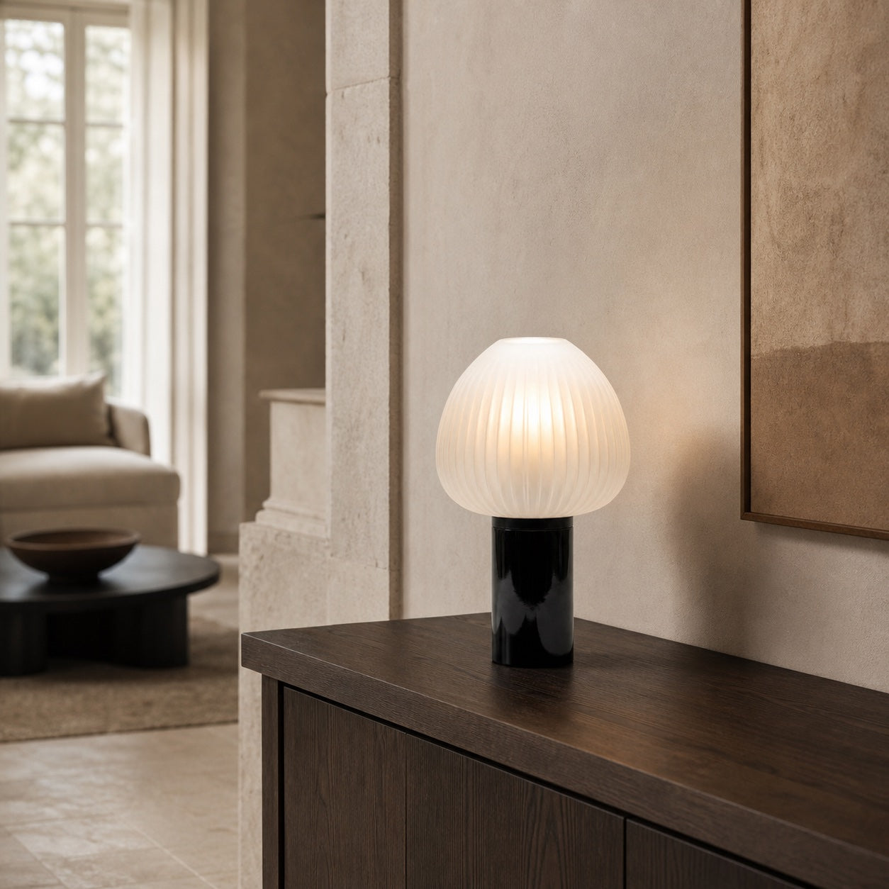Champignon tafellamp van geribbeld glas