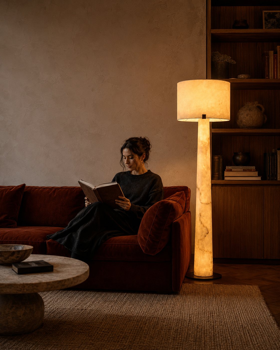 Lampadaire Maison Moya allumé dans un salon